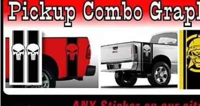 Red pickup with vertical bed stripe combo graphics