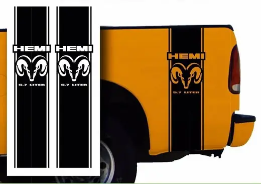 Yellow pickup with a vertical HEMI bed stripe kit