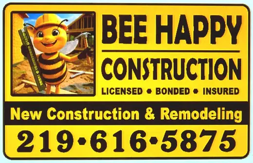 Yellow construction company sign with a cartoon bee