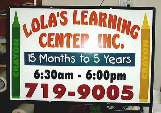 Learning center sign with hours and a crayon graphic