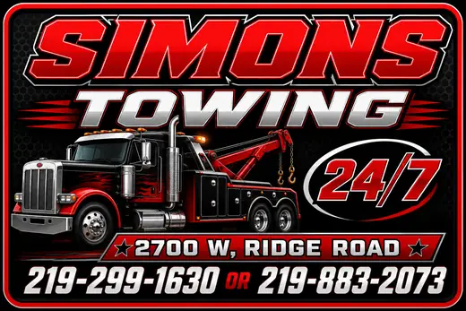 Bold red and black towing company sign with a semi-truck graphic
