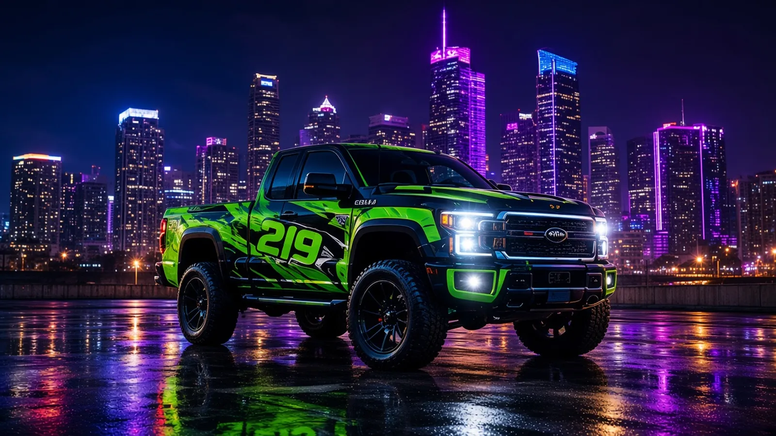 Green and black wrapped pickup with a 219 graphic parked in front of a neon city skyline at night