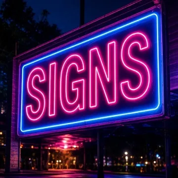Glowing neon-lit SIGNS banner