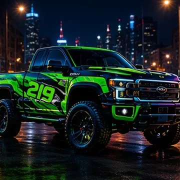 Pickup truck with green vinyl wrap graphics