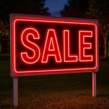 Lighted yard sign on a lawn at dusk