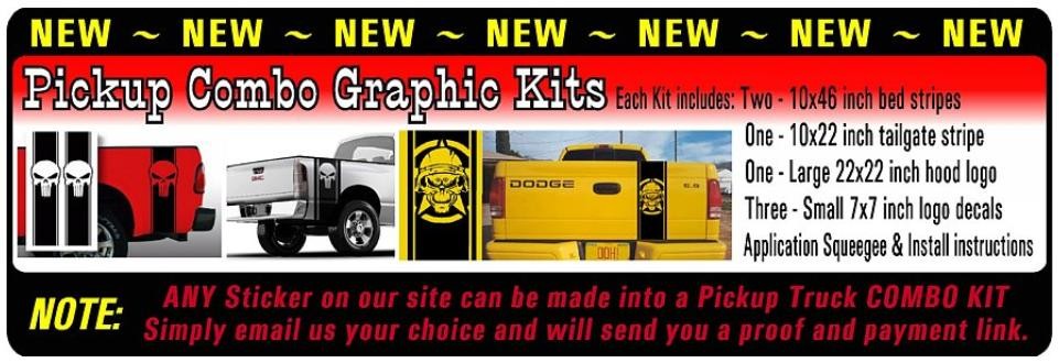 Pickup combo graphic kits — vertical bed stripes, tailgate stripe, hood logo, and small decals